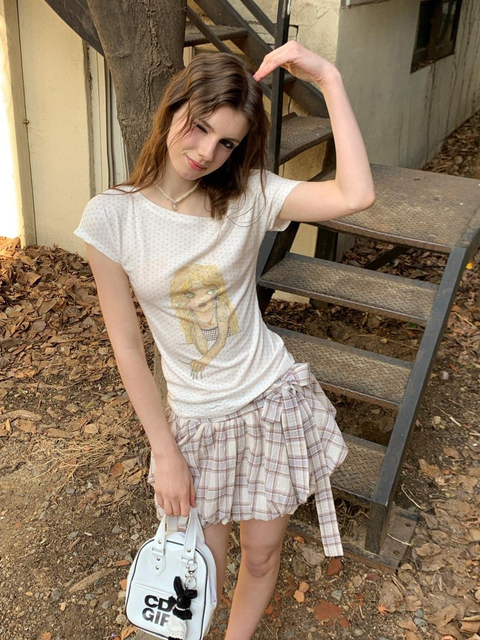 UNIVERSE Lavender Plaid Puff Pleated Bow Tie Women's Cotton Mini Skirts
