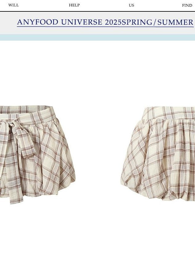 UNIVERSE Lavender Plaid Puff Pleated Bow Tie Women's Cotton Mini Skirts