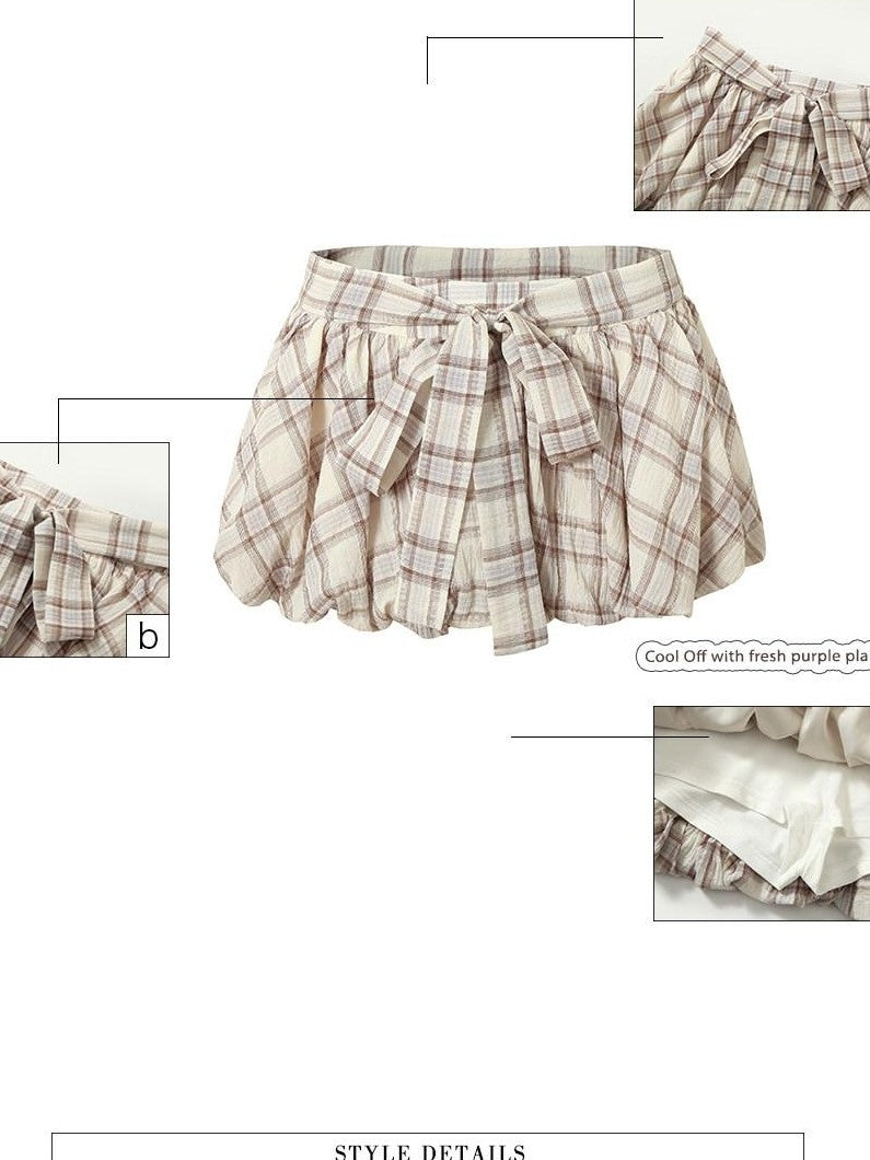 UNIVERSE Lavender Plaid Puff Pleated Bow Tie Women's Cotton Mini Skirts