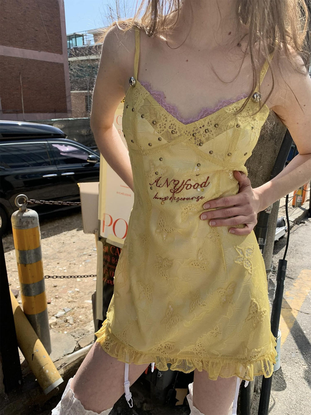 UNIVERSE Lemon Yellow Butterfly Embroidery Cinched Waist Women's Cotton Slip Mini Dresses