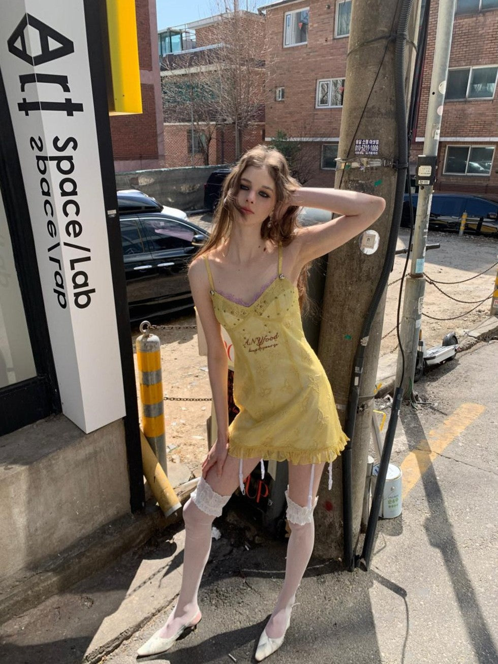 UNIVERSE Lemon Yellow Butterfly Embroidery Cinched Waist Women's Cotton Slip Mini Dresses