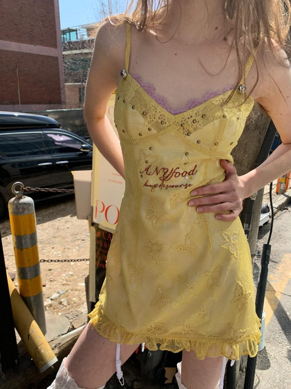 UNIVERSE Lemon Yellow Butterfly Embroidery Cinched Waist Women's Cotton Slip Mini Dresses