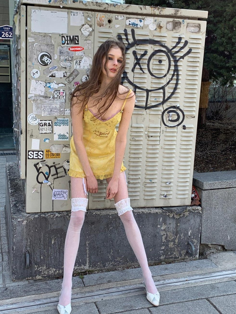 UNIVERSE Lemon Yellow Butterfly Embroidery Cinched Waist Women's Cotton Slip Mini Dresses
