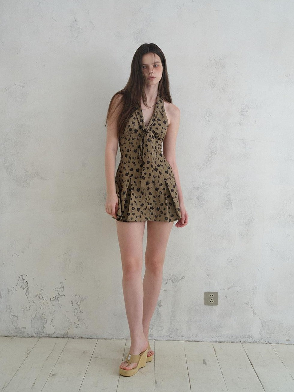 UNIVERSE Leopard Print Deep V Tie Waist A Line Women's Lyocell Blend Halter Mini Dresses
