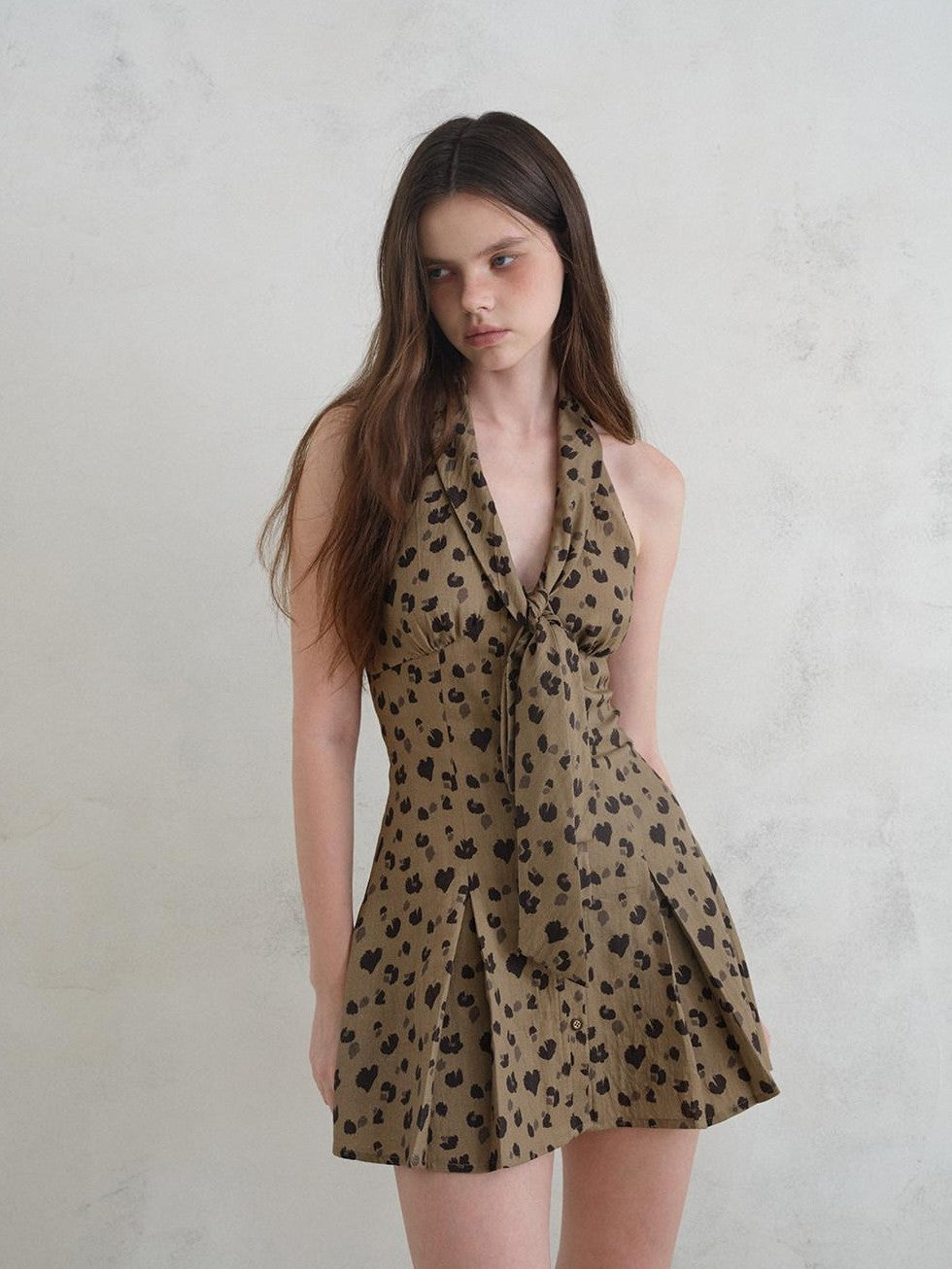 UNIVERSE Leopard Print Deep V Tie Waist A Line Women's Lyocell Blend Halter Mini Dresses