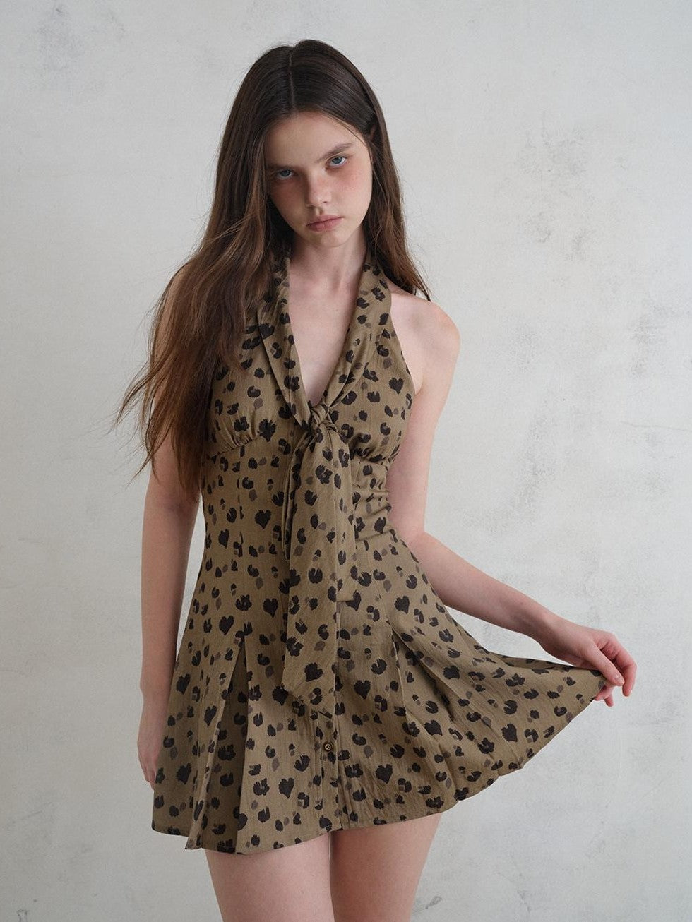 UNIVERSE Leopard Print Deep V Tie Waist A Line Women's Lyocell Blend Halter Mini Dresses