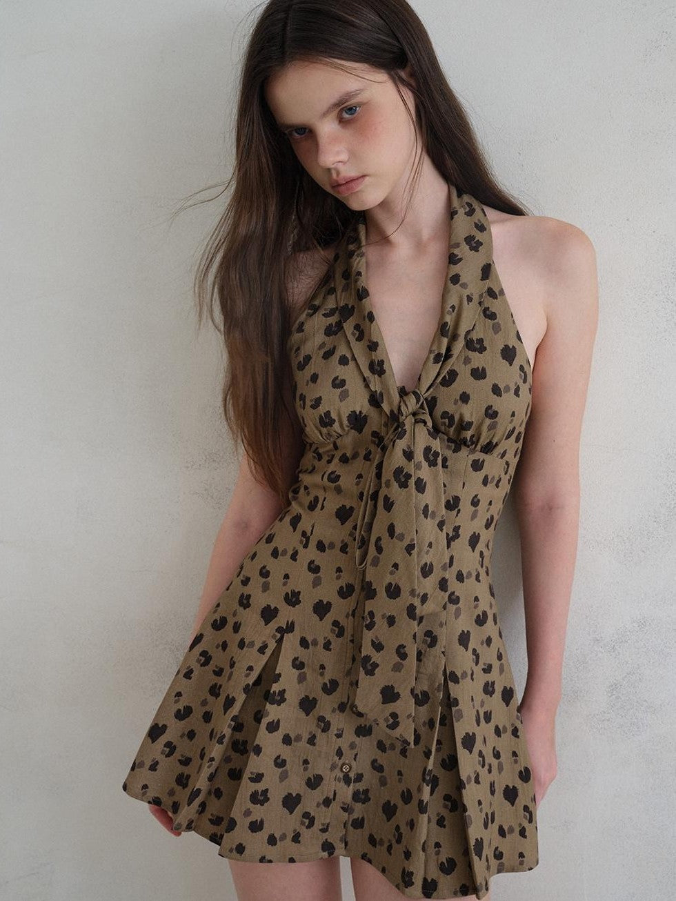 UNIVERSE Leopard Print Deep V Tie Waist A Line Women's Lyocell Blend Halter Mini Dresses