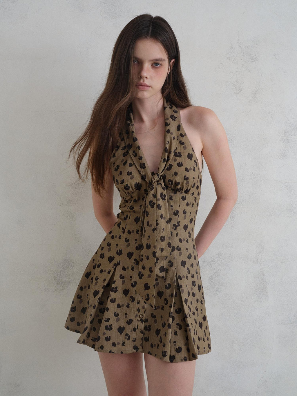 UNIVERSE Leopard Print Deep V Tie Waist A Line Women's Lyocell Blend Halter Mini Dresses