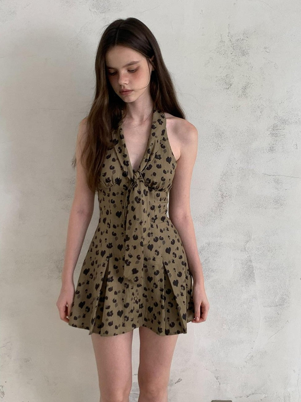 UNIVERSE Leopard Print Deep V Tie Waist A Line Women's Lyocell Blend Halter Mini Dresses