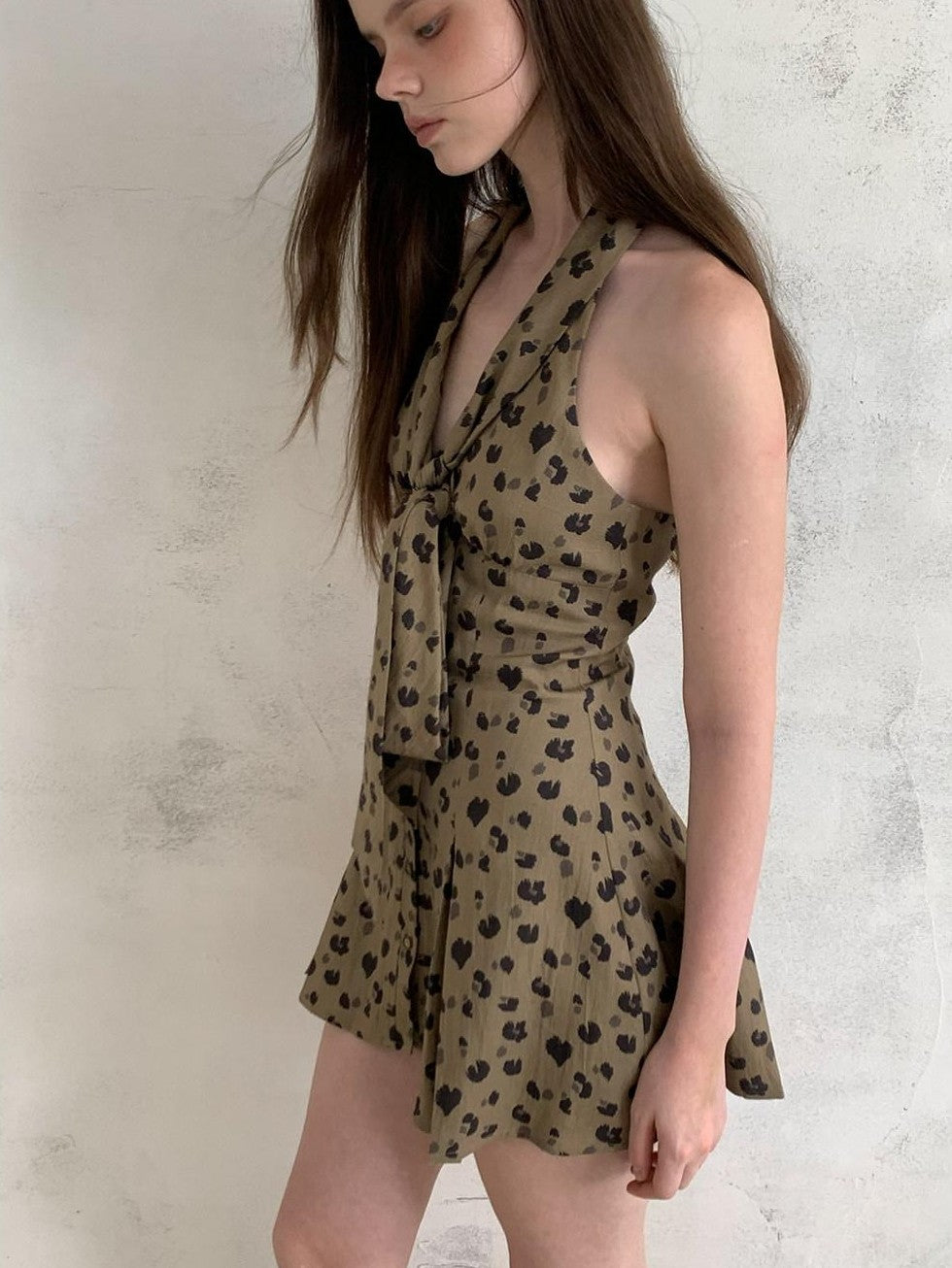 UNIVERSE Leopard Print Deep V Tie Waist A Line Women's Lyocell Blend Halter Mini Dresses