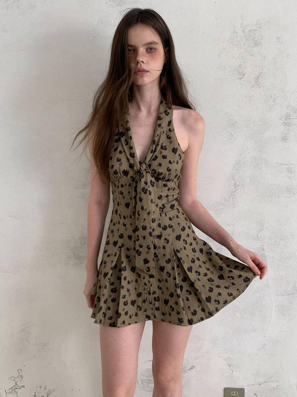 UNIVERSE Leopard Print Deep V Tie Waist A Line Women's Lyocell Blend Halter Mini Dresses