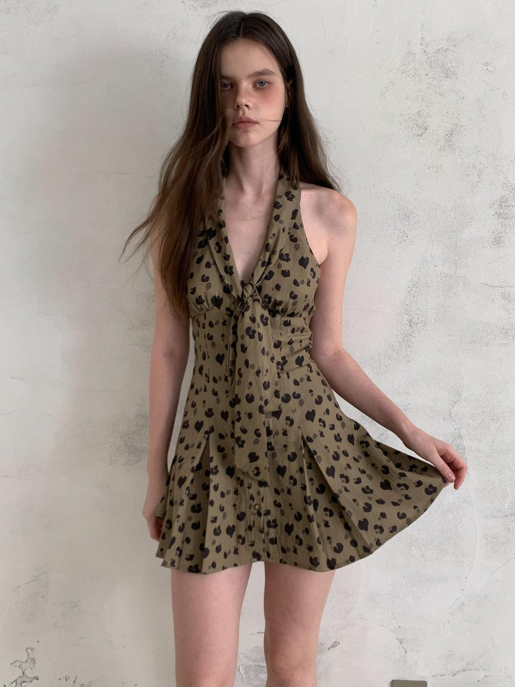UNIVERSE Leopard Print Deep V Tie Waist A Line Women's Lyocell Blend Halter Mini Dresses