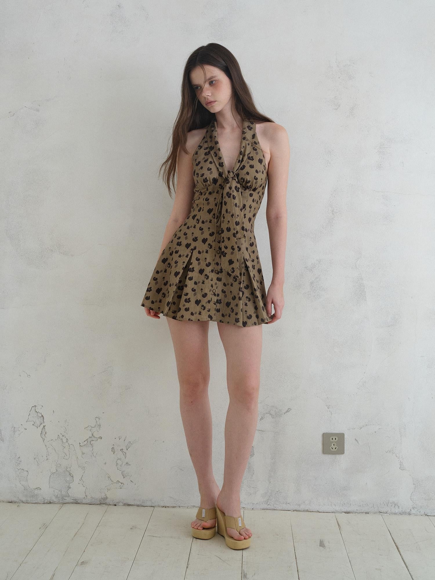 UNIVERSE Leopard Print Deep V Tie Waist A Line Women's Lyocell Blend Halter Mini Dresses