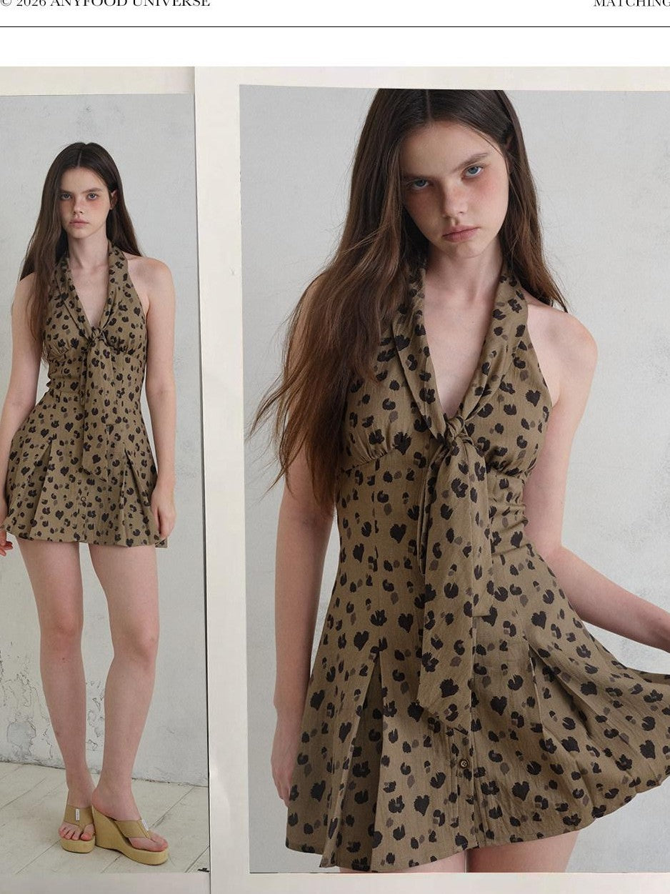 UNIVERSE Leopard Print Deep V Tie Waist A Line Women's Lyocell Blend Halter Mini Dresses