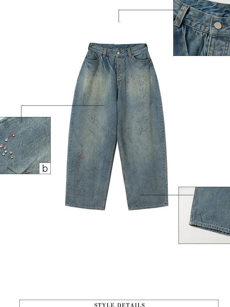 UNIVERSE Light Blue Heavywork Hand Painted Rhinestone Women's Denim Baggy Jeans