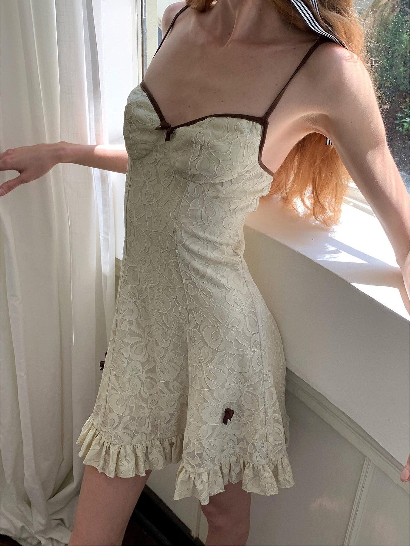 UNIVERSE Light Coffee White Lace High Waist Strappy Women's Nylon Slip Mini Dresses