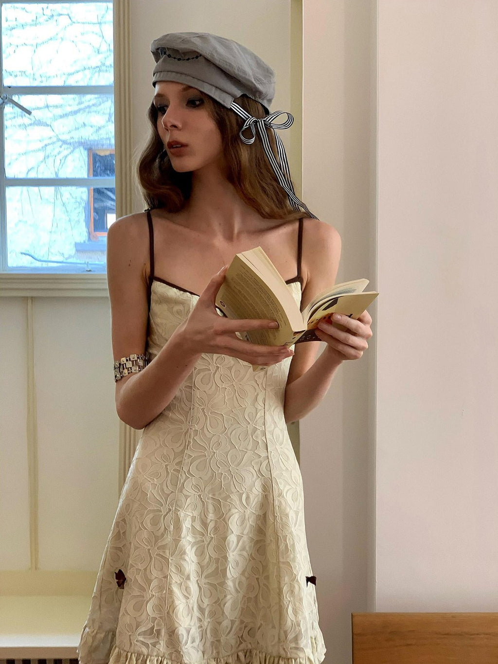 UNIVERSE Light Coffee White Lace High Waist Strappy Women's Nylon Slip Mini Dresses