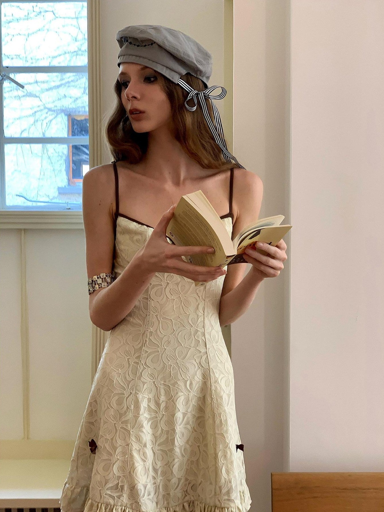 UNIVERSE Light Coffee White Lace High Waist Strappy Women's Nylon Slip Mini Dresses