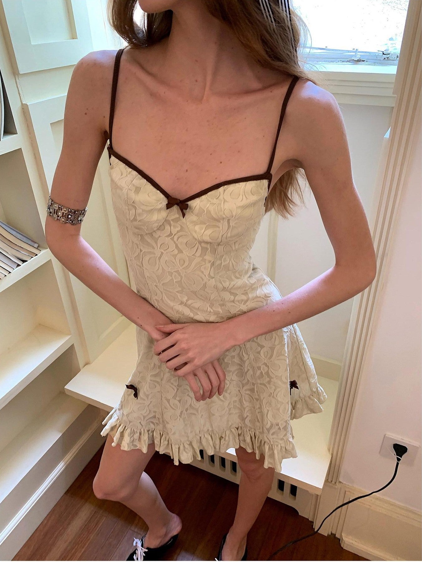 UNIVERSE Light Coffee White Lace High Waist Strappy Women's Nylon Slip Mini Dresses