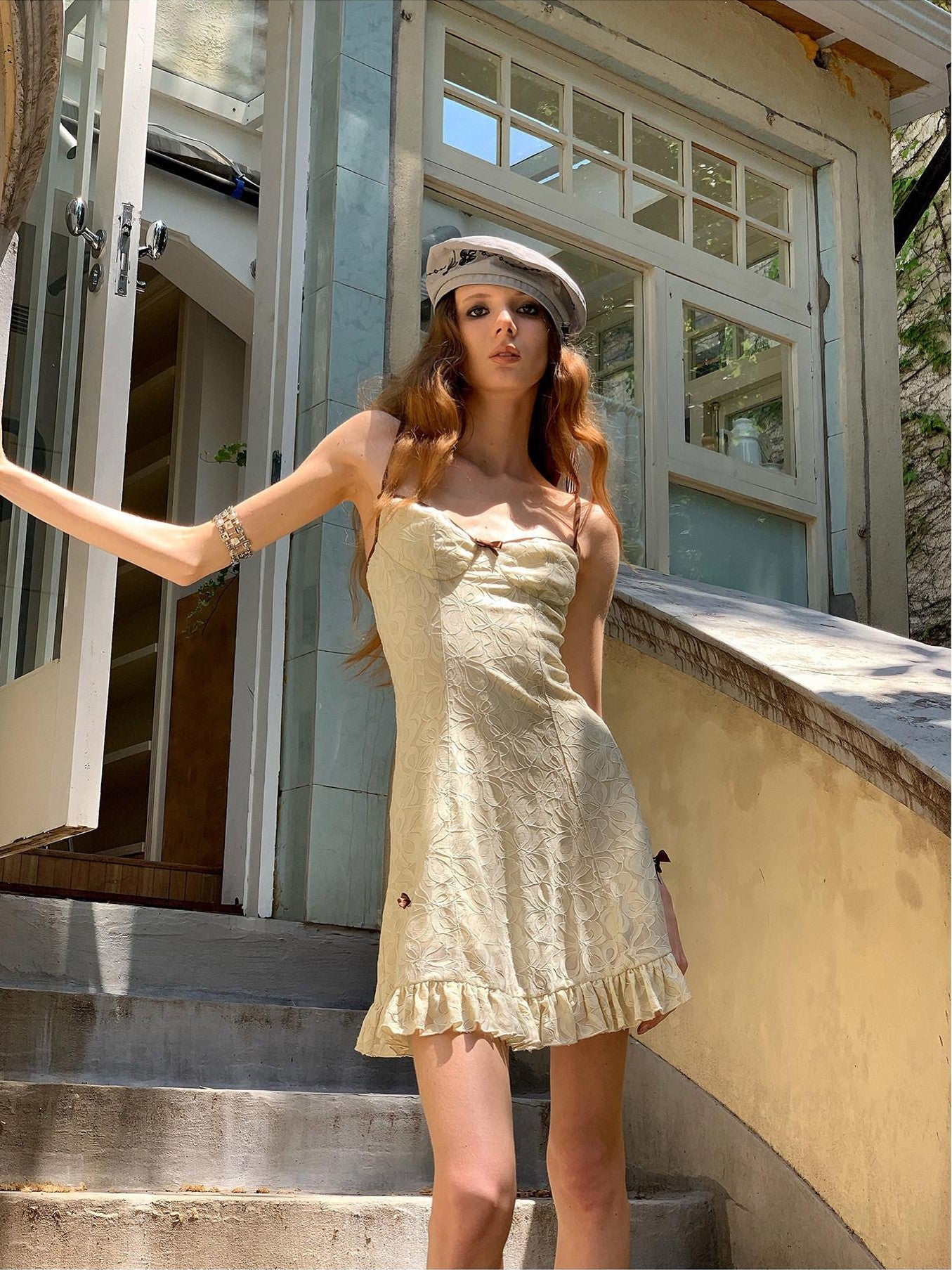 UNIVERSE Light Coffee White Lace High Waist Strappy Women's Nylon Slip Mini Dresses