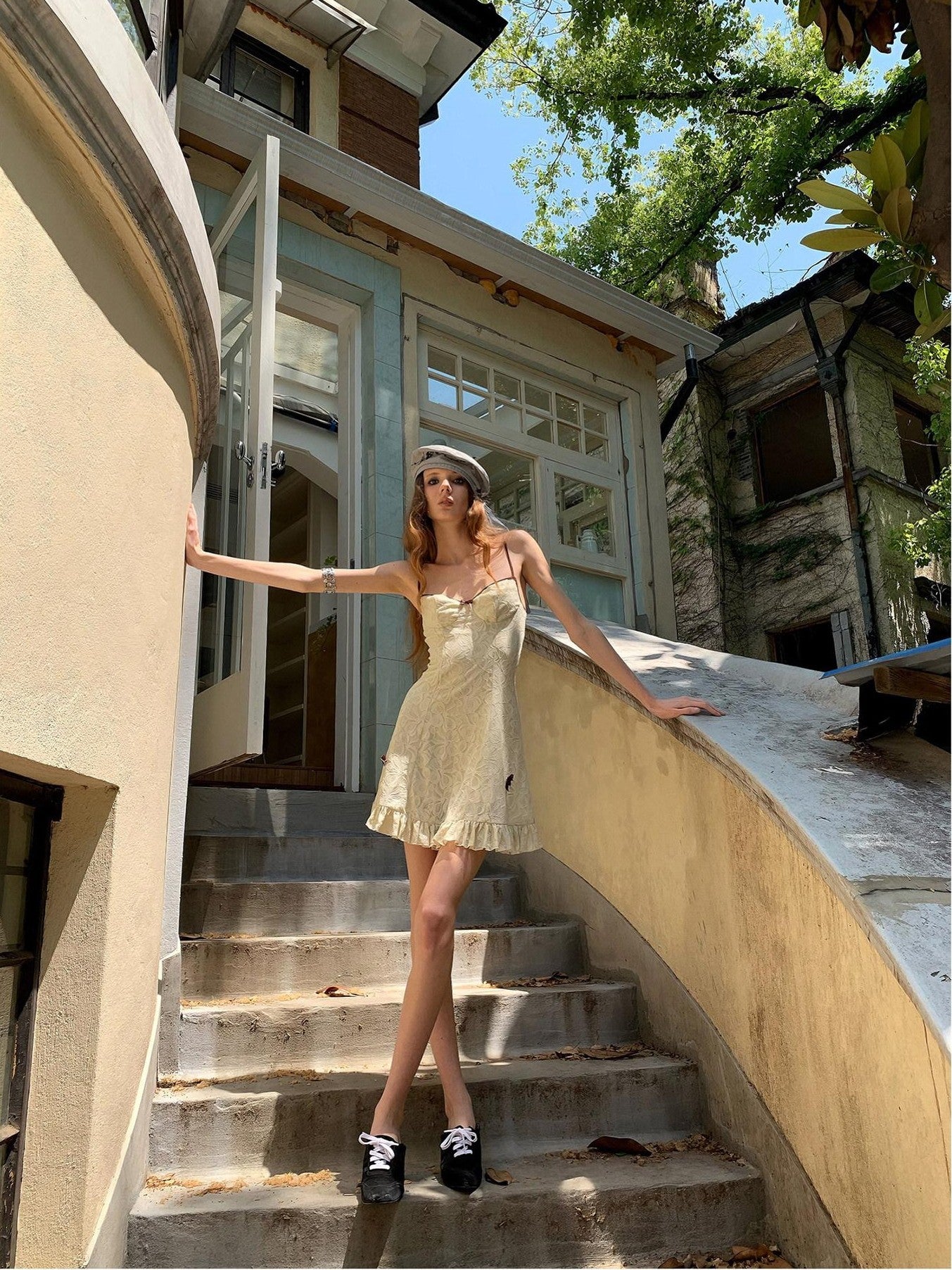 UNIVERSE Light Coffee White Lace High Waist Strappy Women's Nylon Slip Mini Dresses