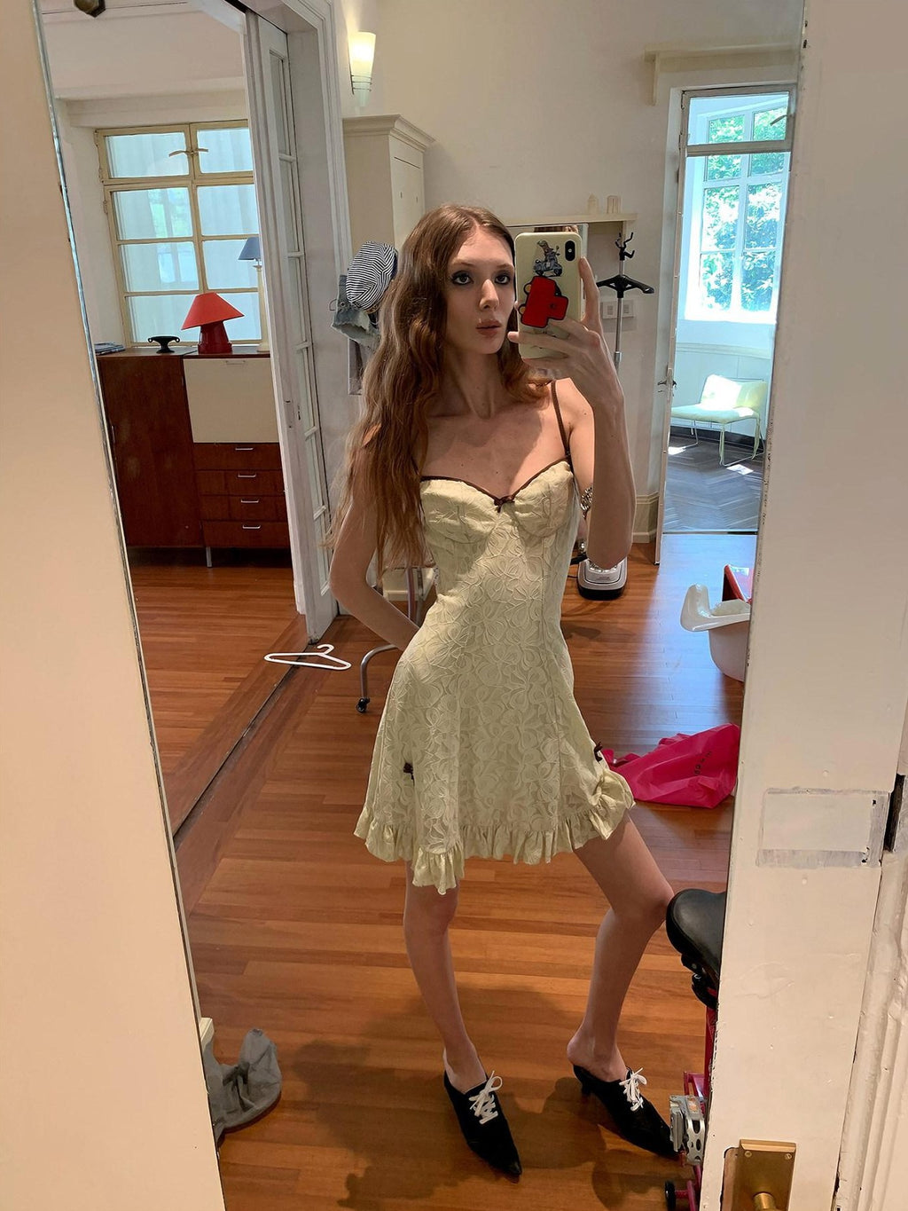 UNIVERSE Light Coffee White Lace High Waist Strappy Women's Nylon Slip Mini Dresses