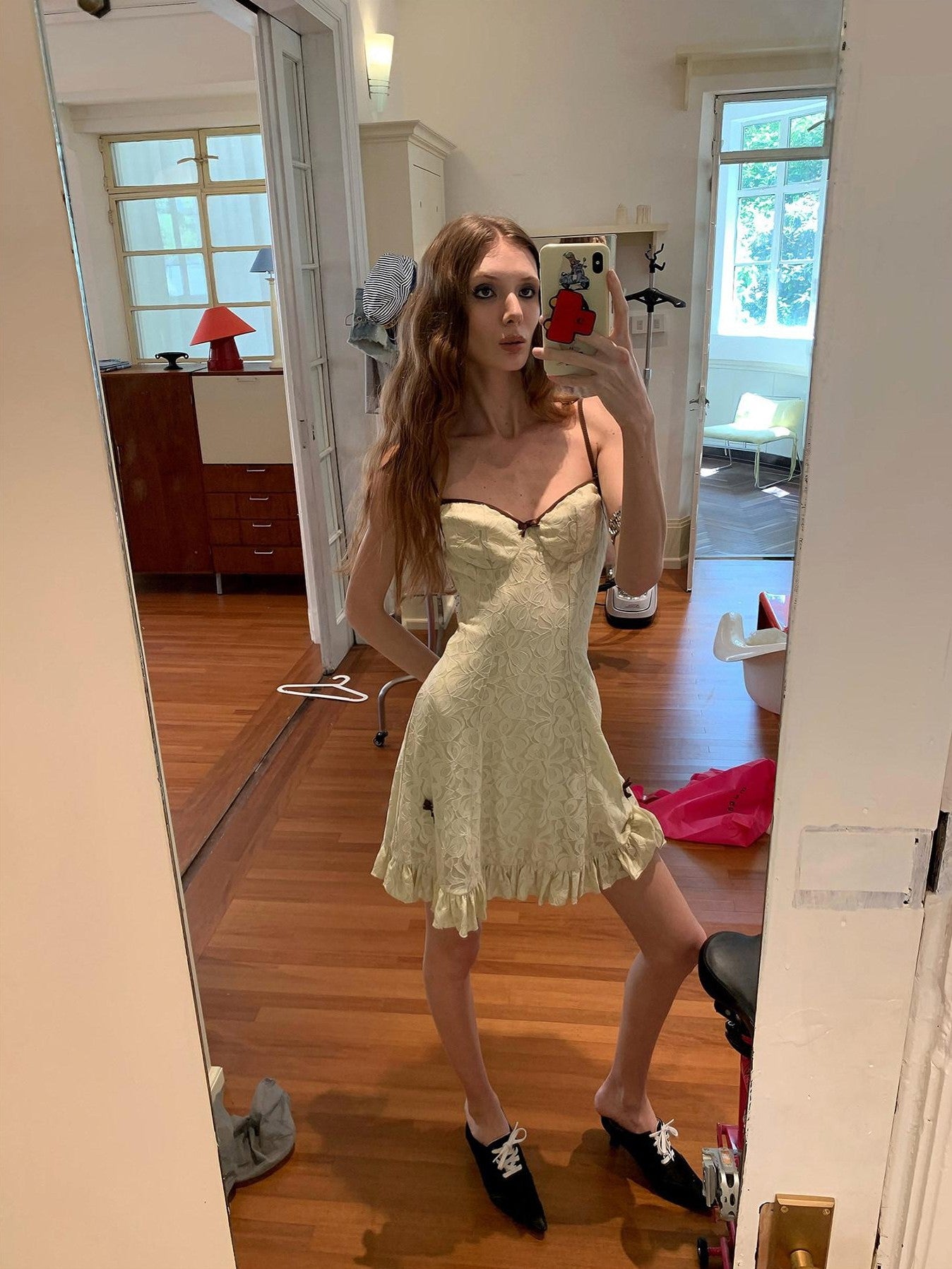 UNIVERSE Light Coffee White Lace High Waist Strappy Women's Nylon Slip Mini Dresses