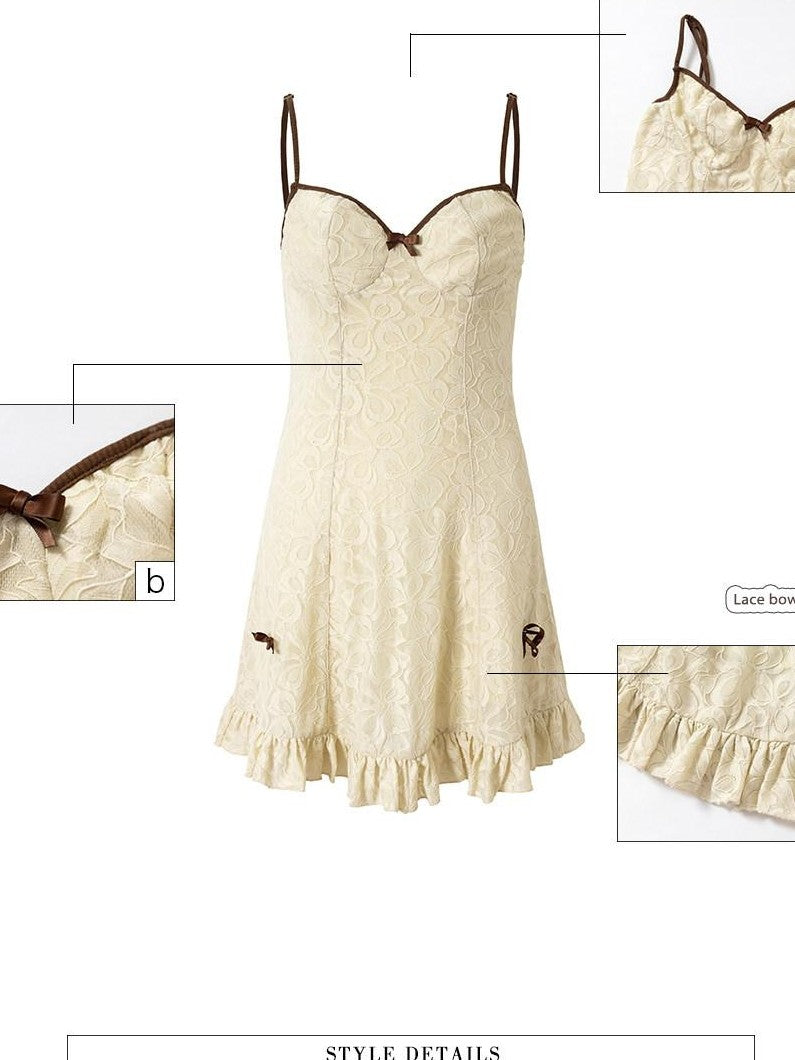 UNIVERSE Light Coffee White Lace High Waist Strappy Women's Nylon Slip Mini Dresses