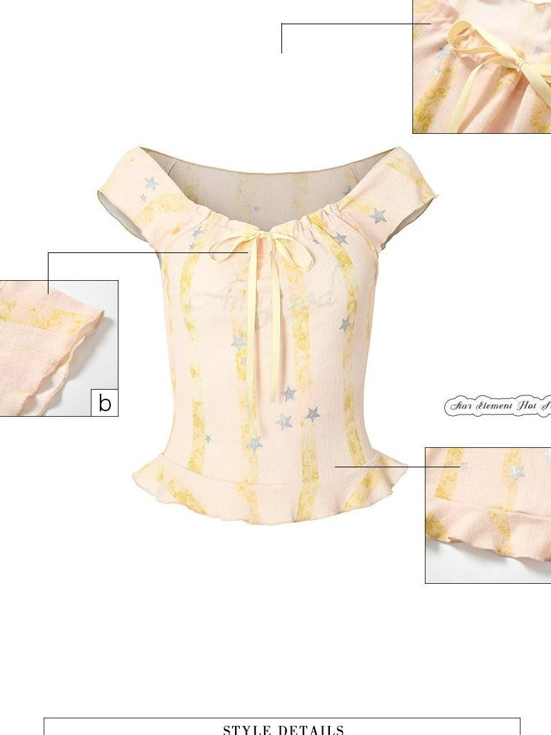 UNIVERSE Light Pink Silver Foil Star Print Tie Bow Women's Polyester Camisoles