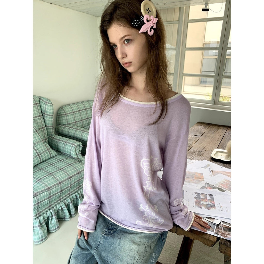 UNIVERSE_Light_Purple_Color_Block_Loose_Fit_Women's_Long_Sleeve_T-shirts_1086944330058_MISSTT