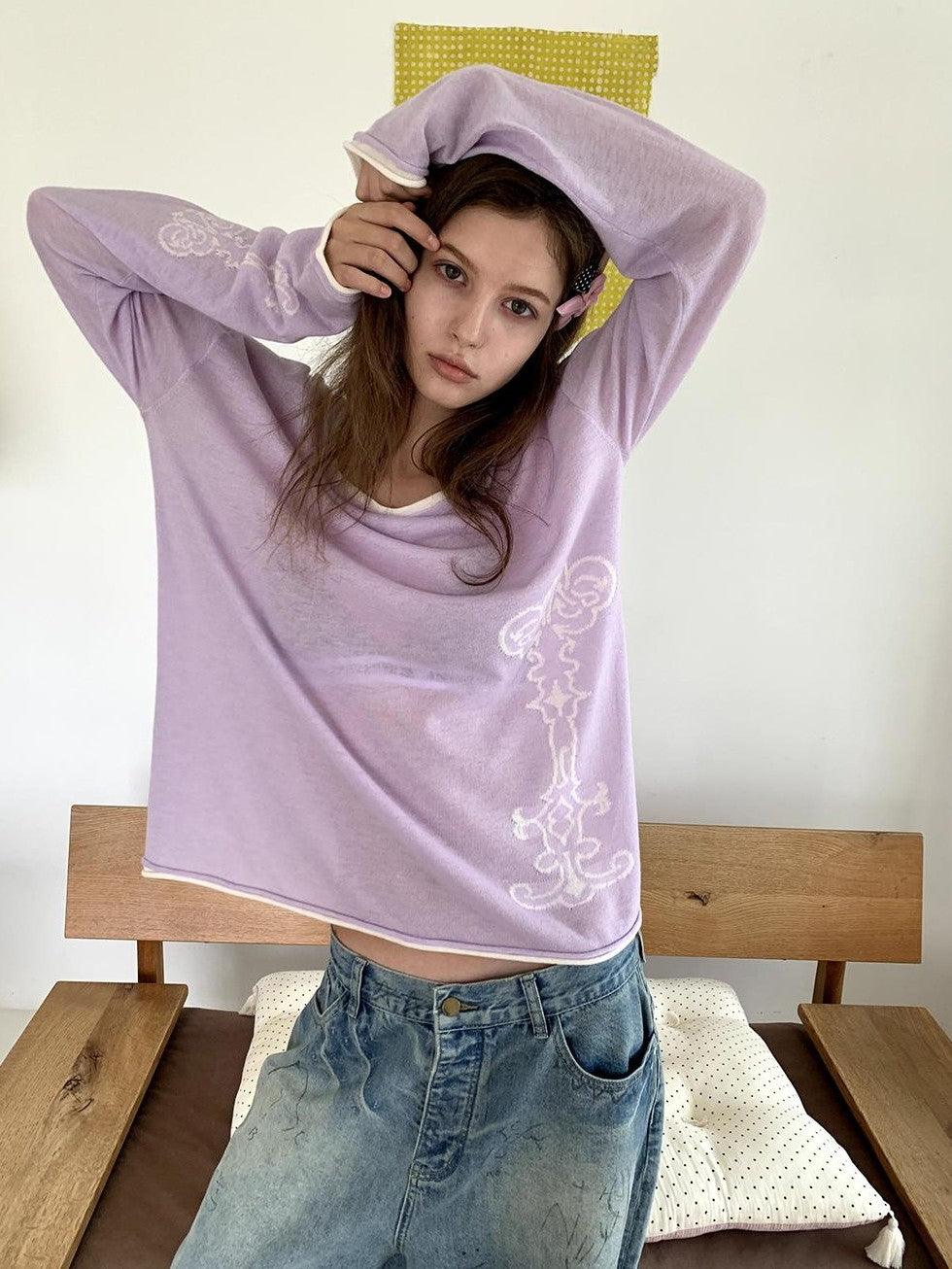 UNIVERSE Light Purple Color Block Loose Fit Women's Long Sleeve T-shirts
