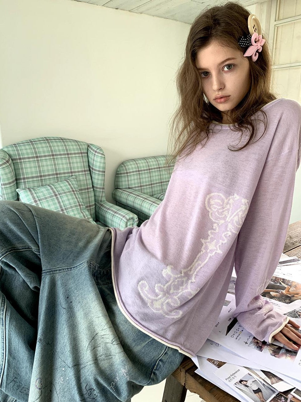UNIVERSE Light Purple Color Block Loose Fit Women's Long Sleeve T-shirts