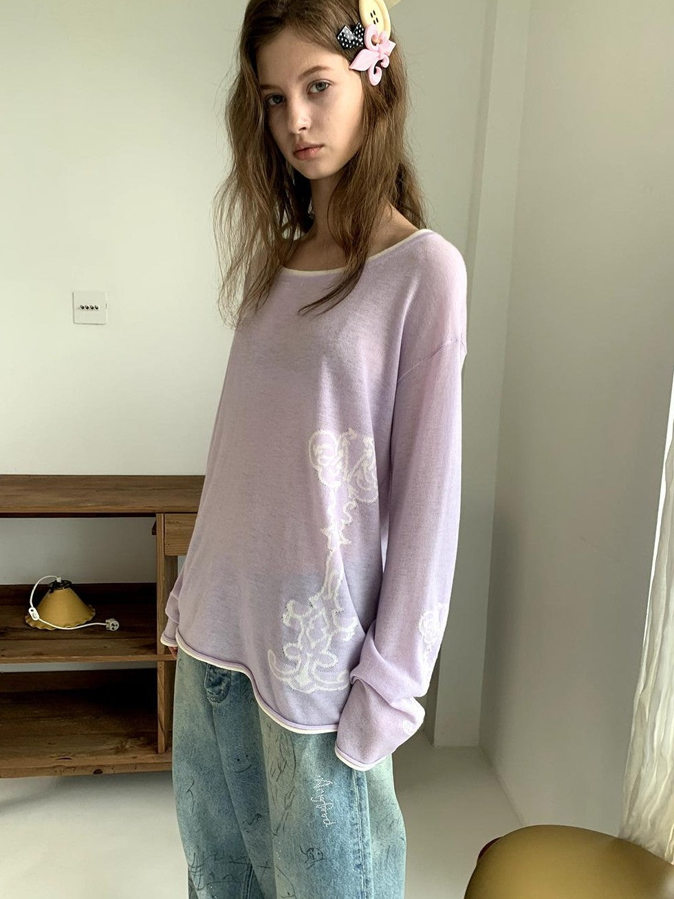 UNIVERSE Light Purple Color Block Loose Fit Women's Long Sleeve T-shirts