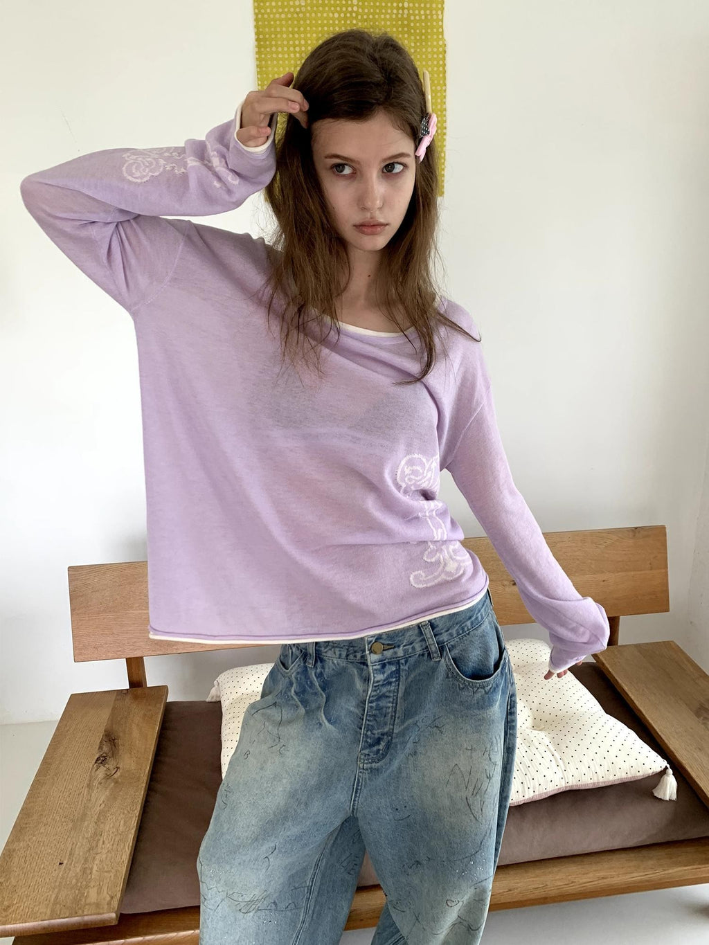 UNIVERSE Light Purple Color Block Loose Fit Women's Long Sleeve T-shirts