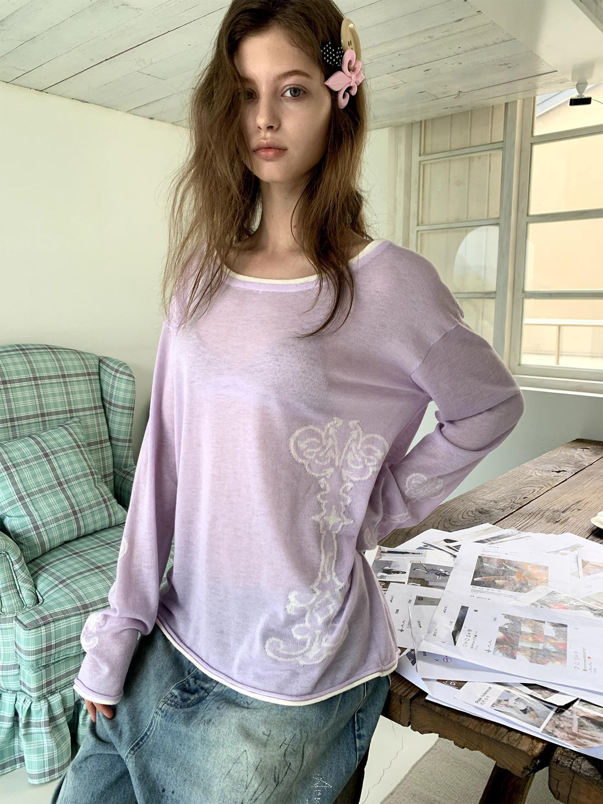 UNIVERSE Light Purple Color Block Loose Fit Women's Long Sleeve T-shirts