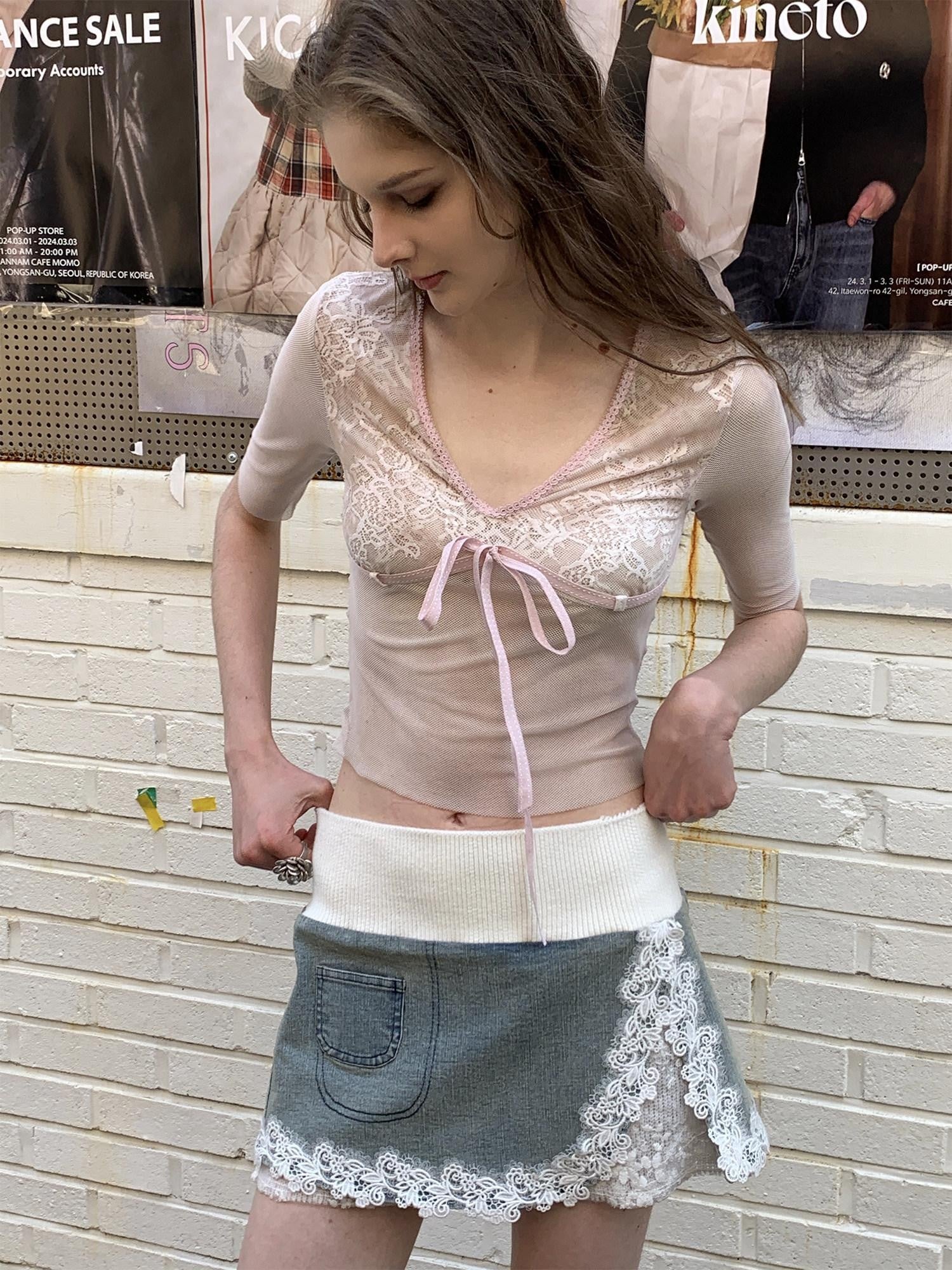UNIVERSE Light Wash Lace Patchwork Jacquard Denim Women's Cotton A Line Mini Skirts