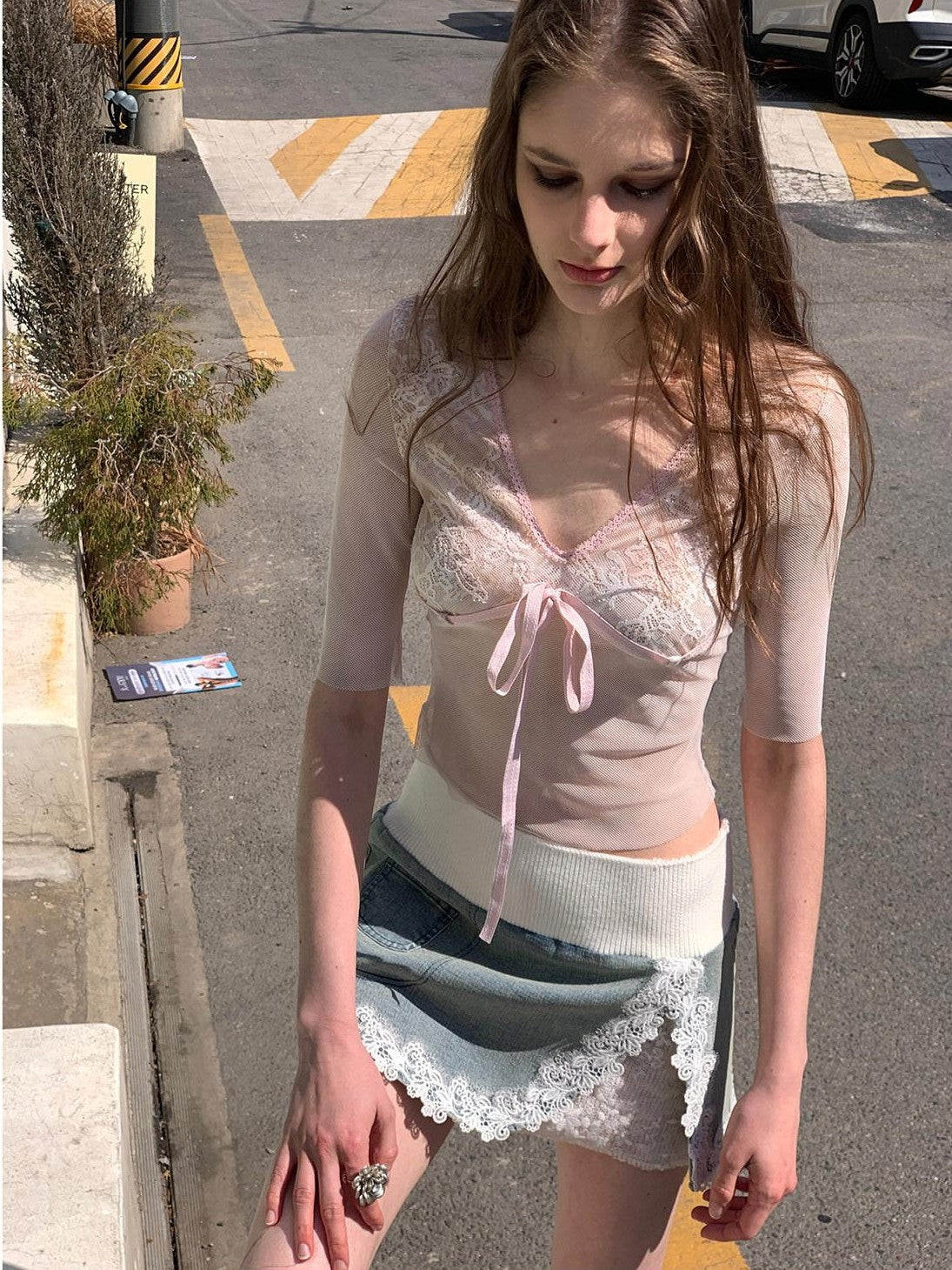 UNIVERSE Light Wash Lace Patchwork Jacquard Denim Women's Cotton A Line Mini Skirts