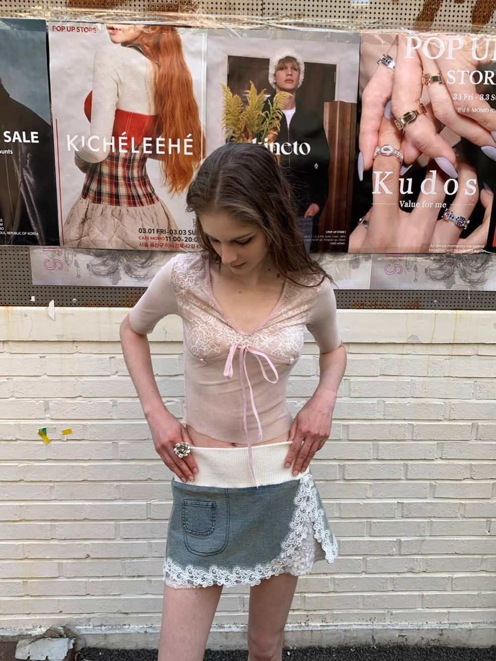 UNIVERSE Light Wash Lace Patchwork Jacquard Denim Women's Cotton A Line Mini Skirts