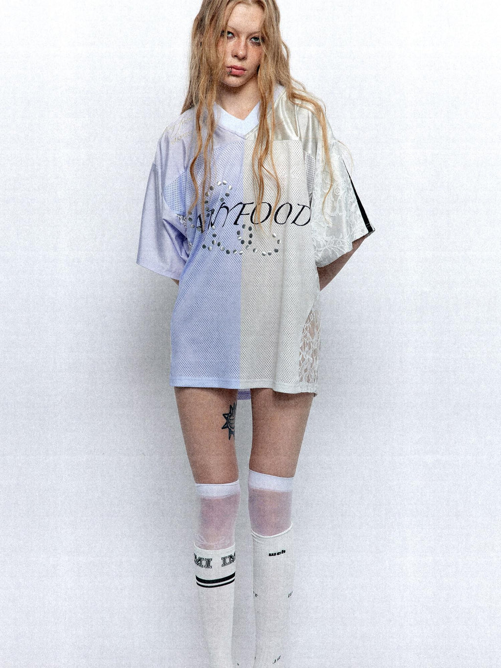 UNIVERSE Lilac Lace Embroidered Spliced Vintage V-neck Women's Polyester Oversized T-shirts