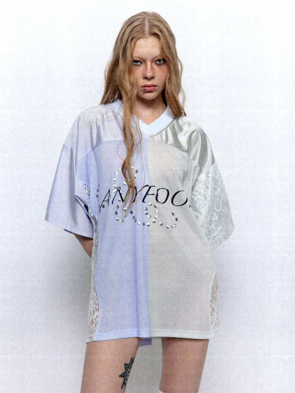 UNIVERSE Lilac Lace Embroidered Spliced Vintage V-neck Women's Polyester Oversized T-shirts