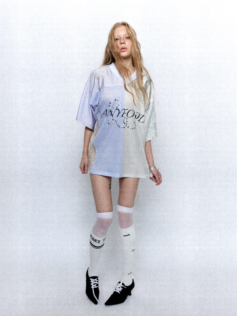 UNIVERSE Lilac Lace Embroidered Spliced Vintage V-neck Women's Polyester Oversized T-shirts