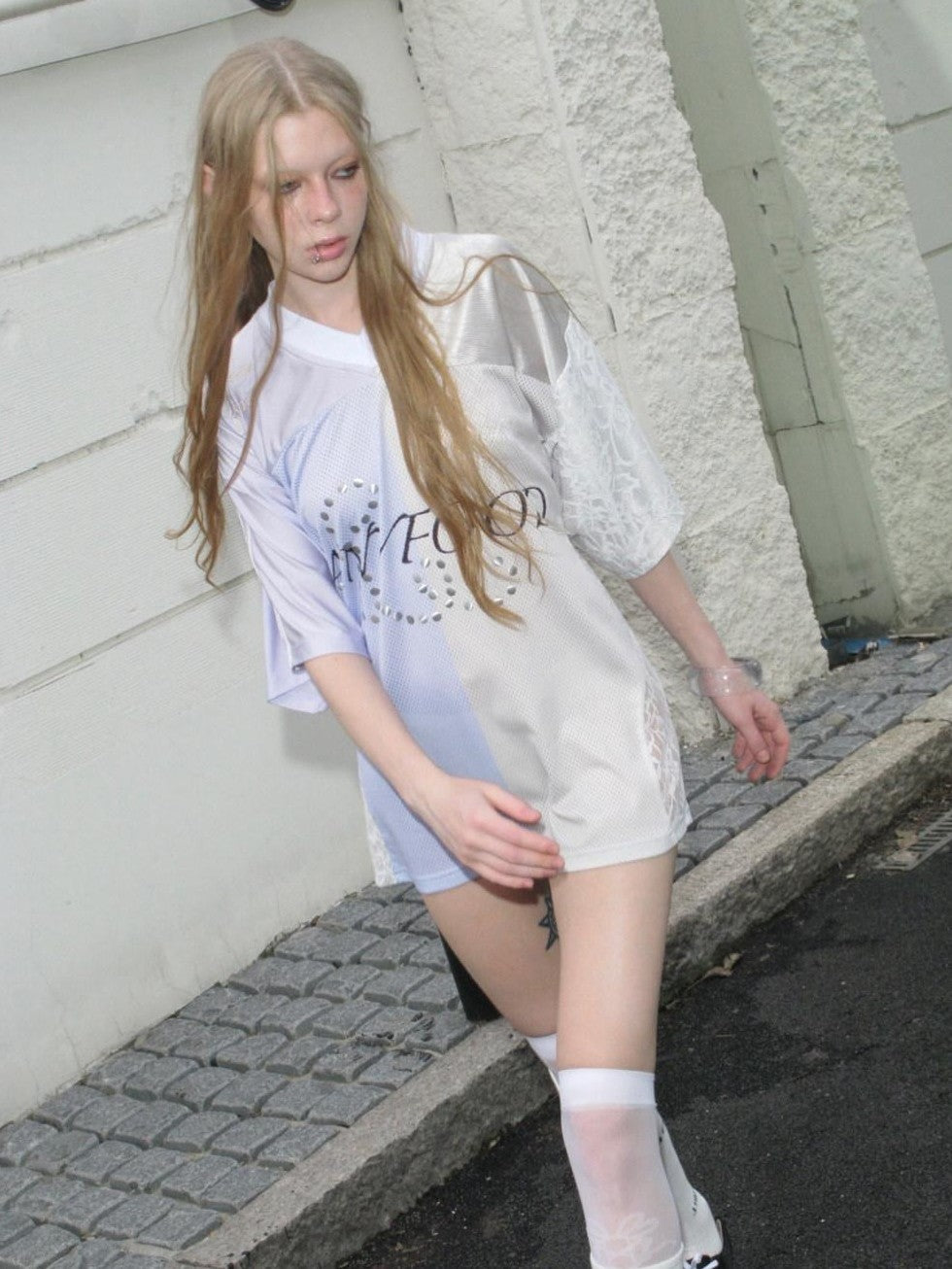 UNIVERSE Lilac Lace Embroidered Spliced Vintage V-neck Women's Polyester Oversized T-shirts