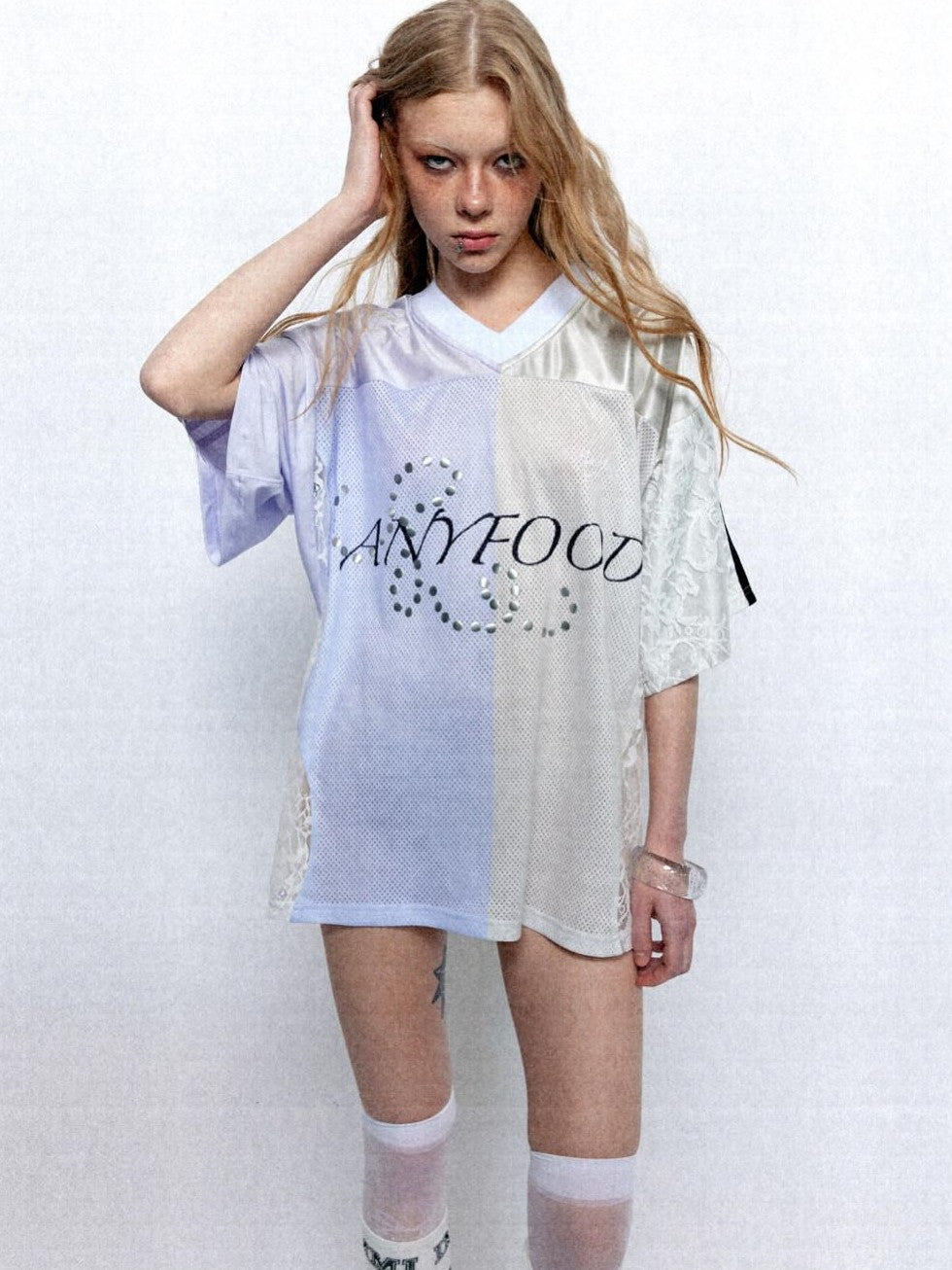 UNIVERSE Lilac Lace Embroidered Spliced Vintage V-neck Women's Polyester Oversized T-shirts