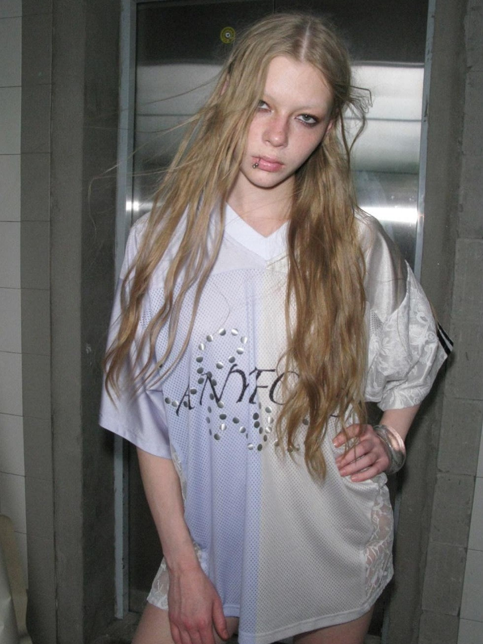 UNIVERSE Lilac Lace Embroidered Spliced Vintage V-neck Women's Polyester Oversized T-shirts