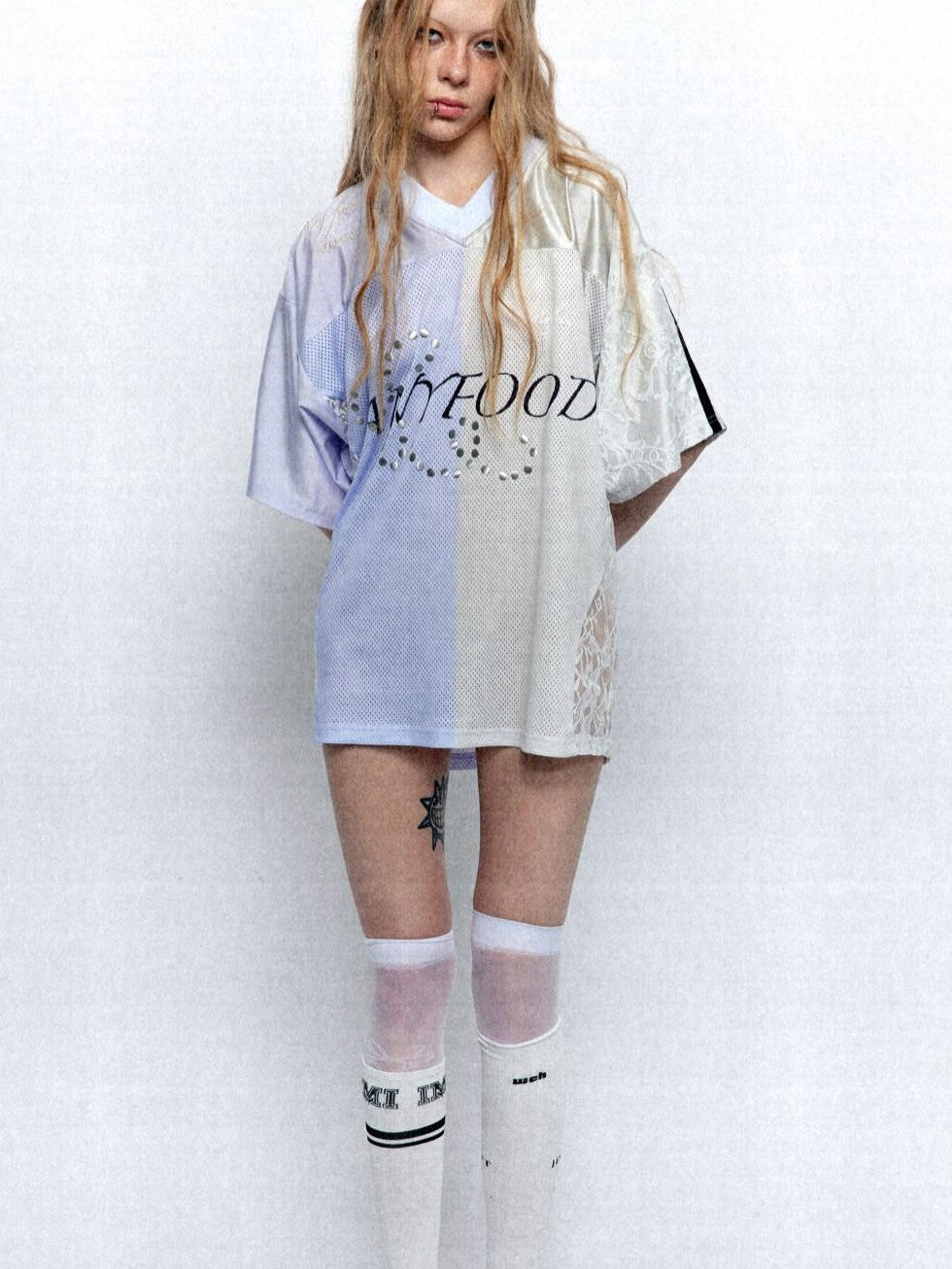 UNIVERSE Lilac Lace Embroidered Spliced Vintage V-neck Women's Polyester Oversized T-shirts