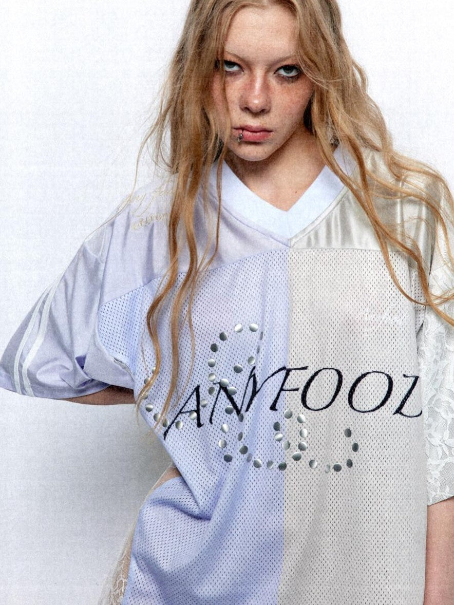 UNIVERSE Lilac Lace Embroidered Spliced Vintage V-neck Women's Polyester Oversized T-shirts