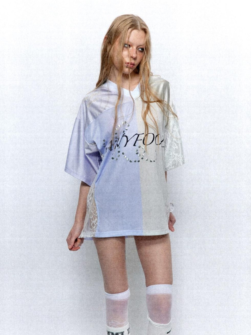UNIVERSE Lilac Lace Embroidered Spliced Vintage V-neck Women's Polyester Oversized T-shirts