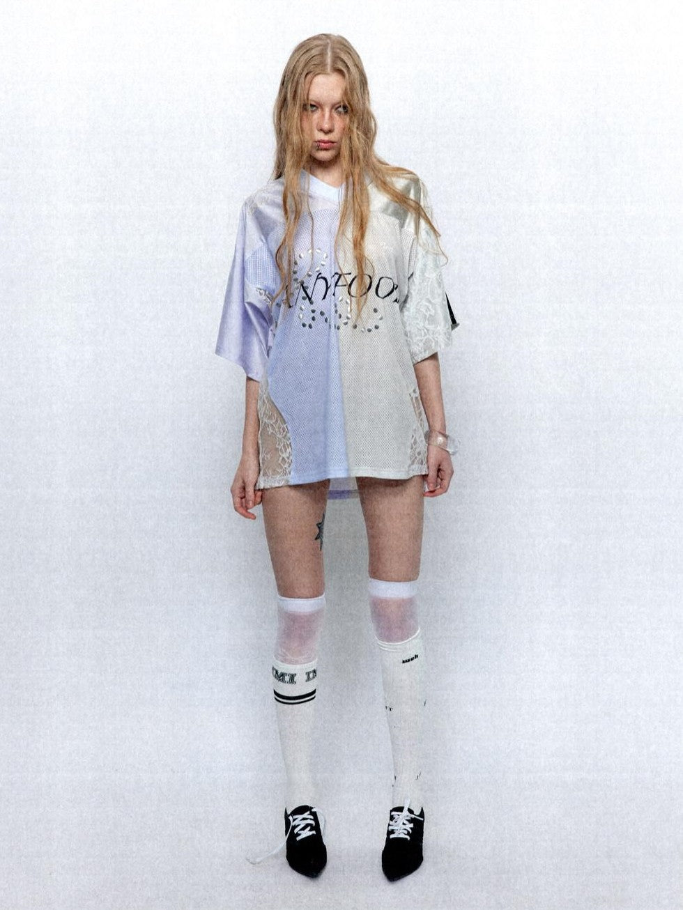 UNIVERSE Lilac Lace Embroidered Spliced Vintage V-neck Women's Polyester Oversized T-shirts