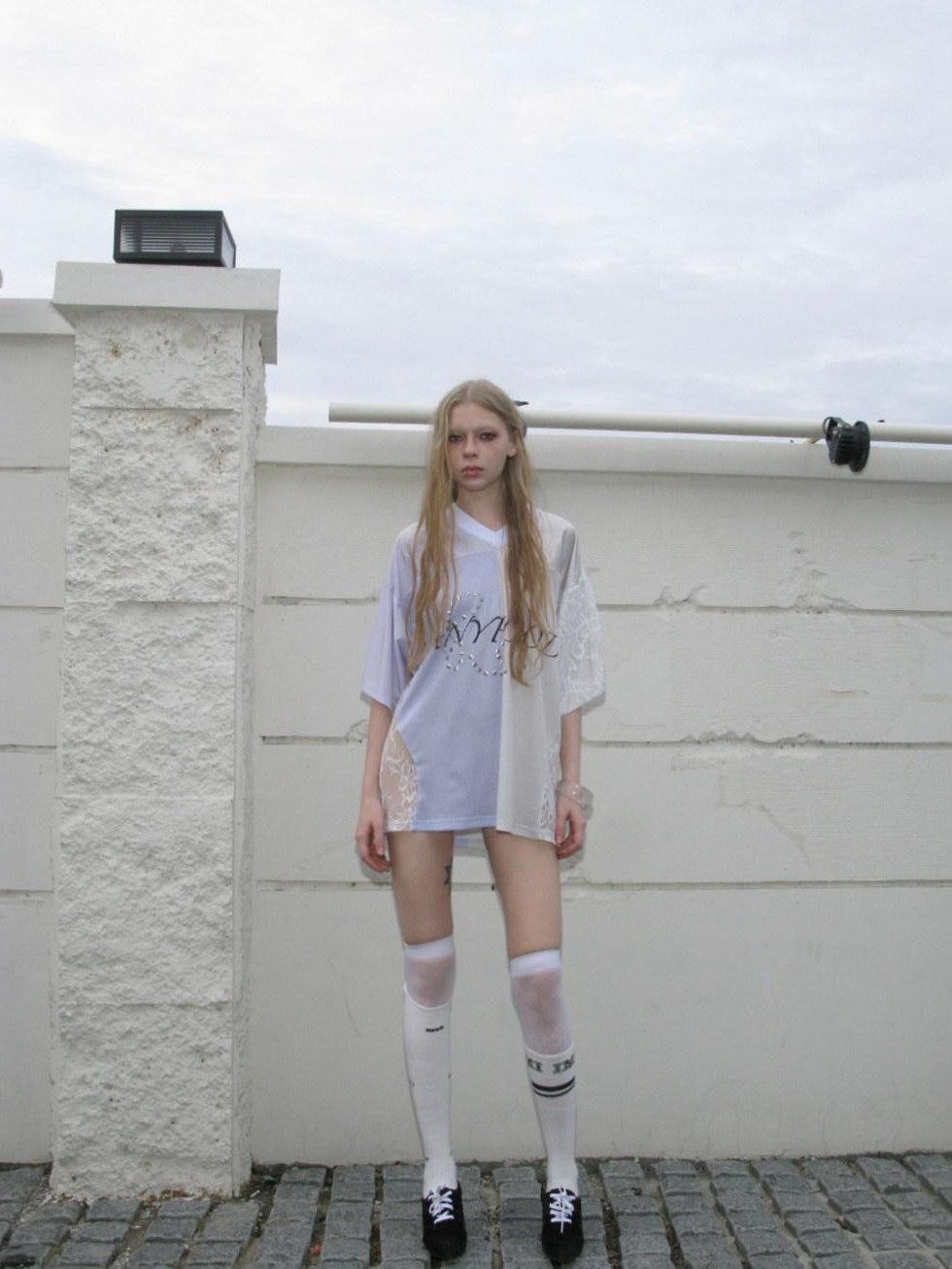 UNIVERSE Lilac Lace Embroidered Spliced Vintage V-neck Women's Polyester Oversized T-shirts