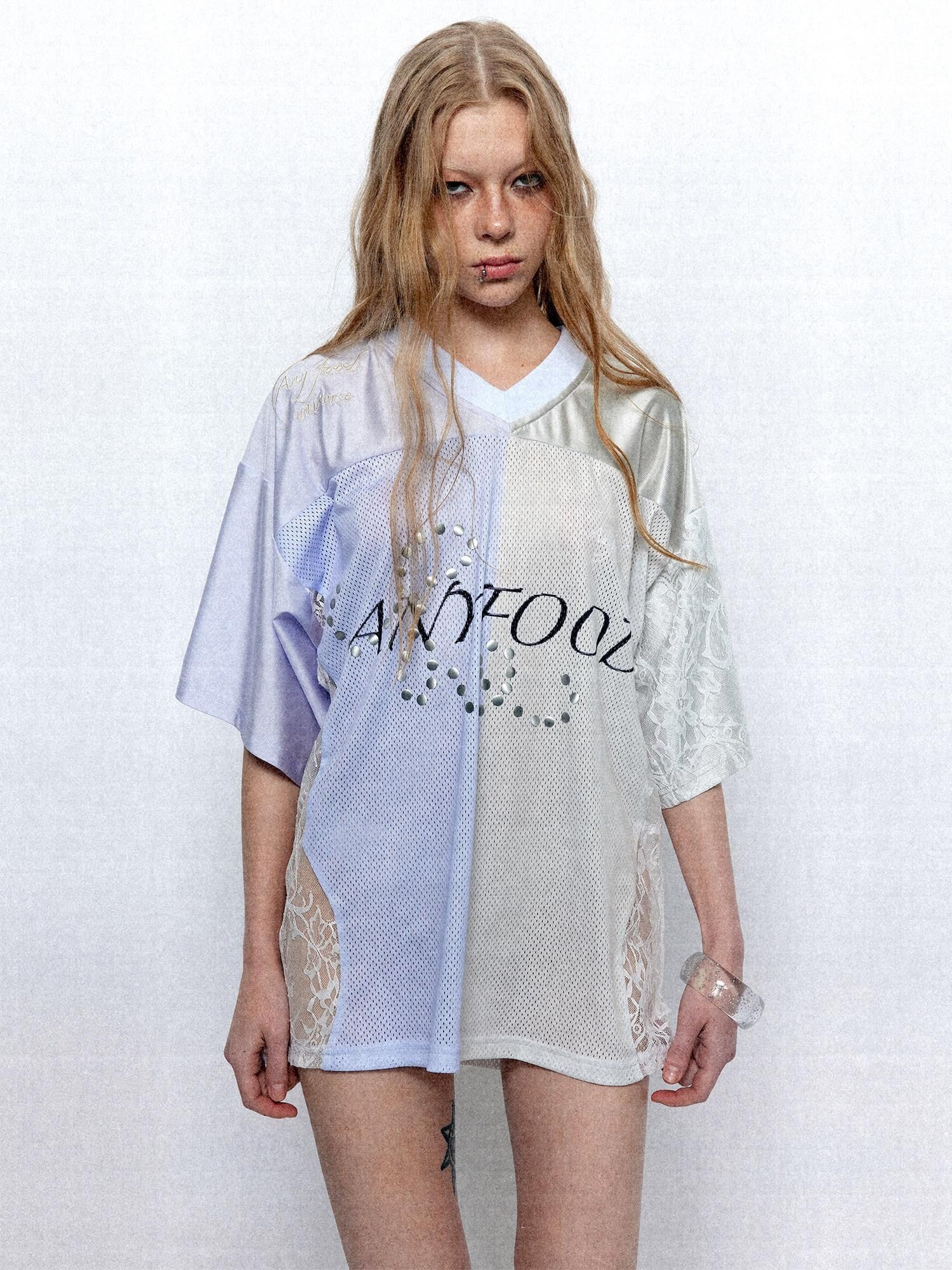 UNIVERSE Lilac Lace Embroidered Spliced Vintage V-neck Women's Polyester Oversized T-shirts